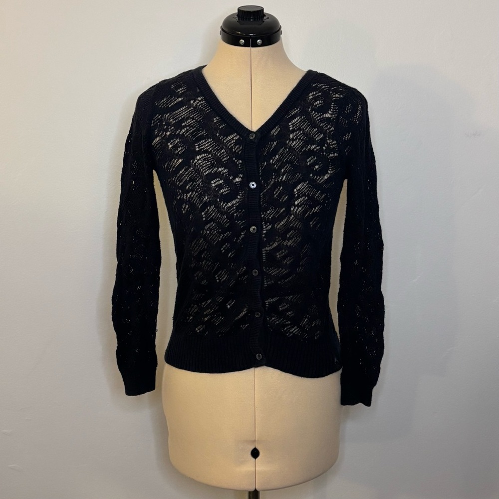 Abercrombie & Fitch Navy Blue Soft Lace Open Stitch Button Front Cardigan, M